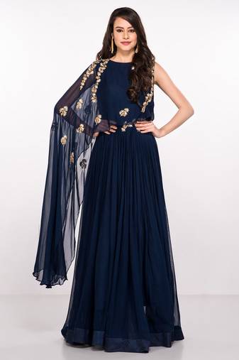 Navy blue georgette cape sleeve embroidered gown