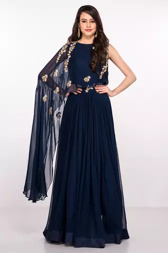 Navy blue georgette cape sleeve embroidered gown