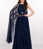 Navy blue georgette cape sleeve embroidered gown
