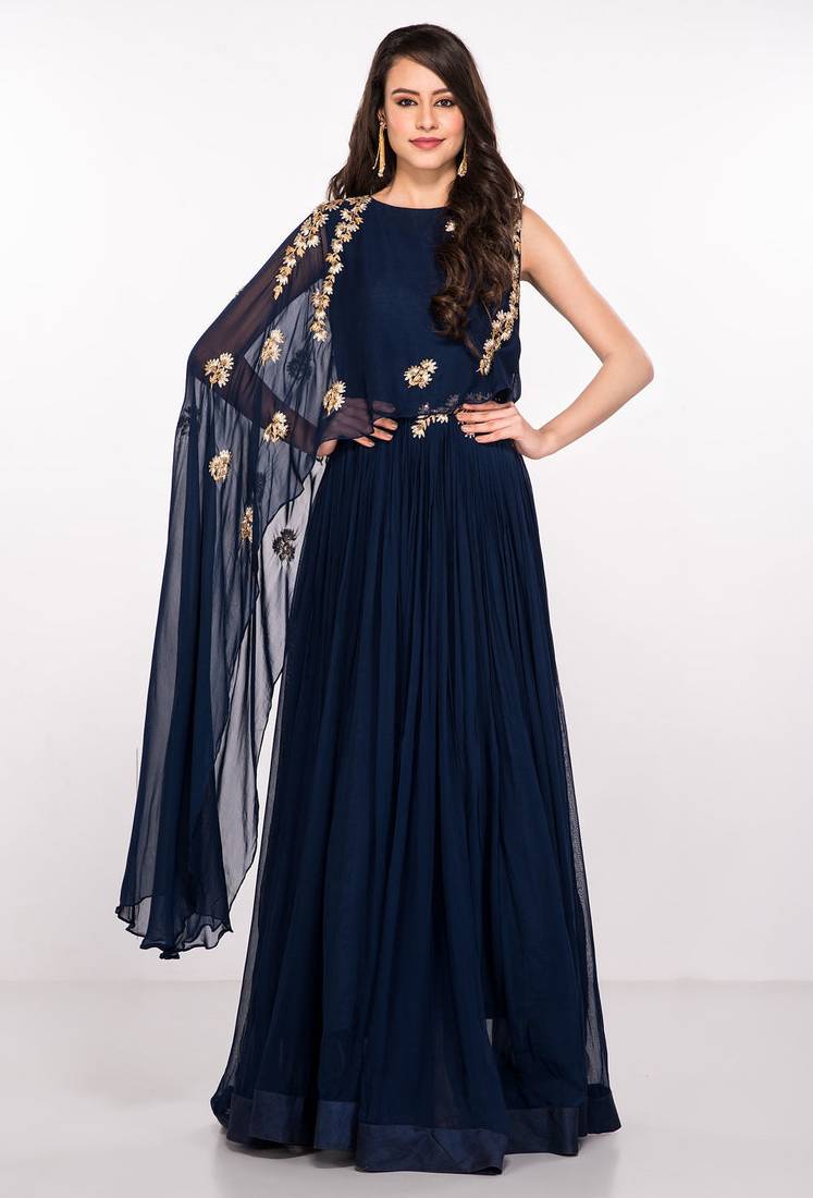Navy blue georgette cape sleeve embroidered gown
