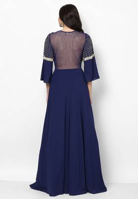 Navy blue georgette bell sleeve embroidered gown 2