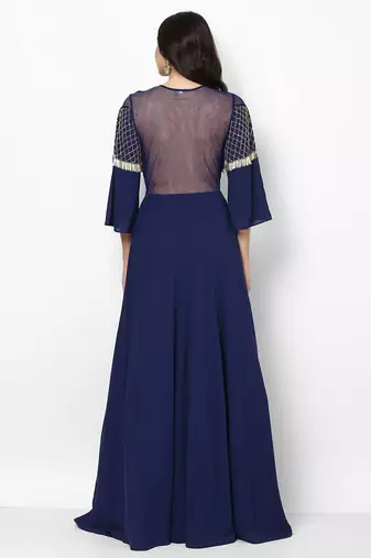 Navy blue georgette bell sleeve embroidered gown