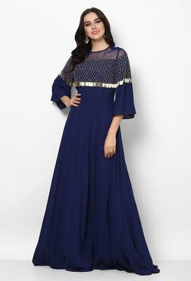 Navy blue georgette bell sleeve embroidered gown 1