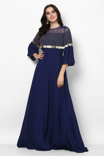 Navy blue georgette bell sleeve embroidered gown