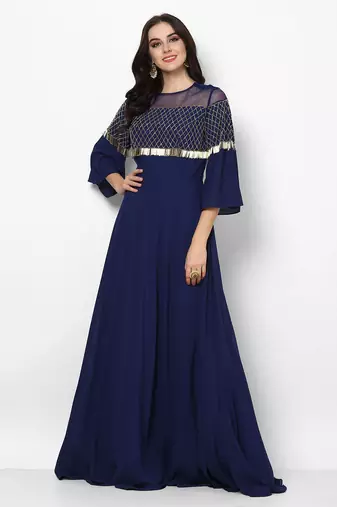 Navy blue georgette bell sleeve embroidered gown