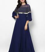 Navy blue georgette bell sleeve embroidered gown