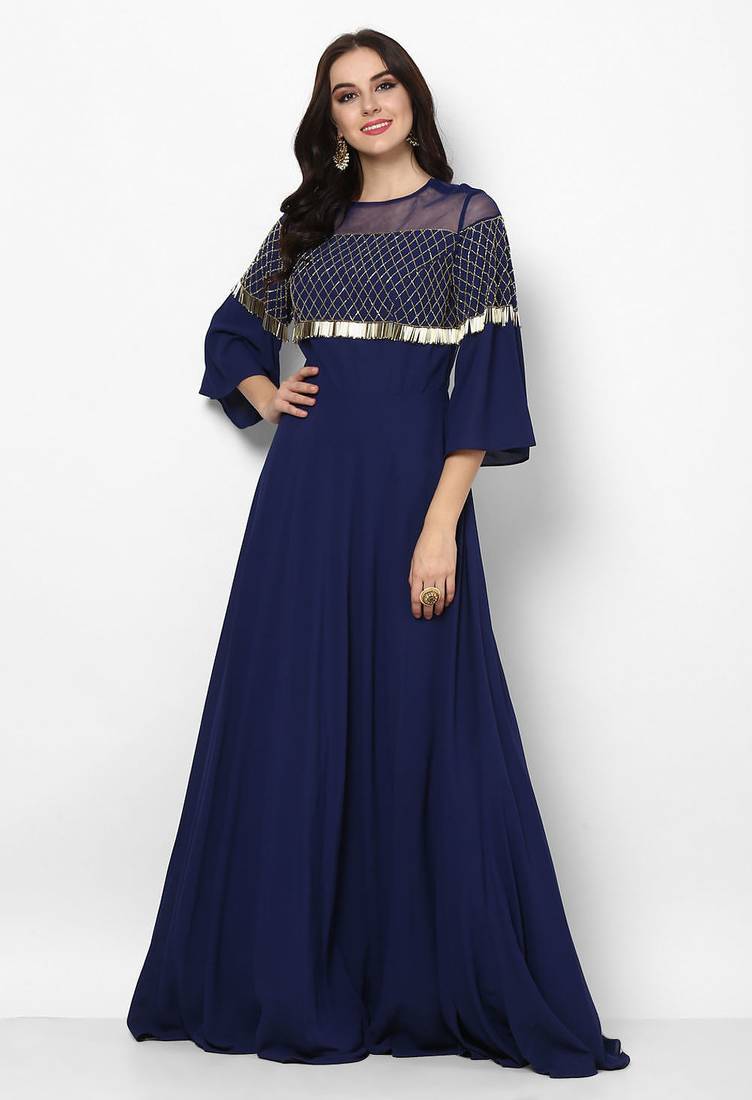 Navy blue georgette bell sleeve embroidered gown