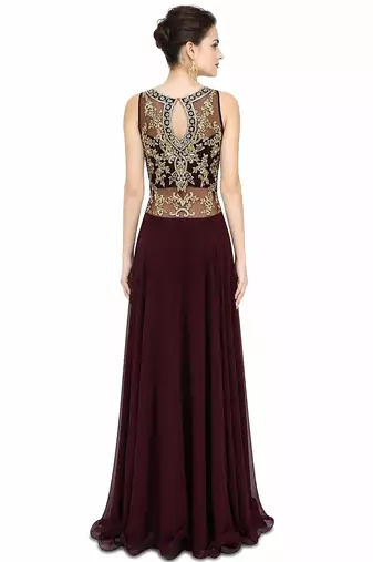 Wine georgette sleevless embroidered gown