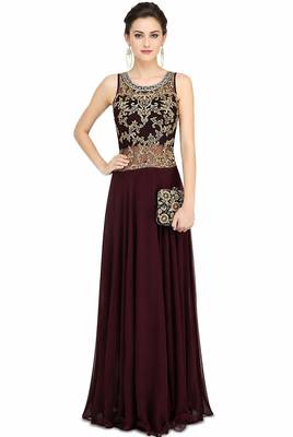 Wine georgette sleevless embroidered gown 1