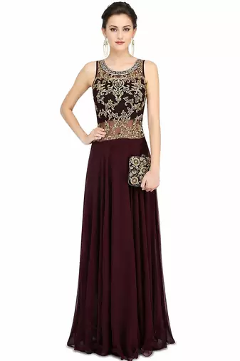 Wine georgette sleevless embroidered gown