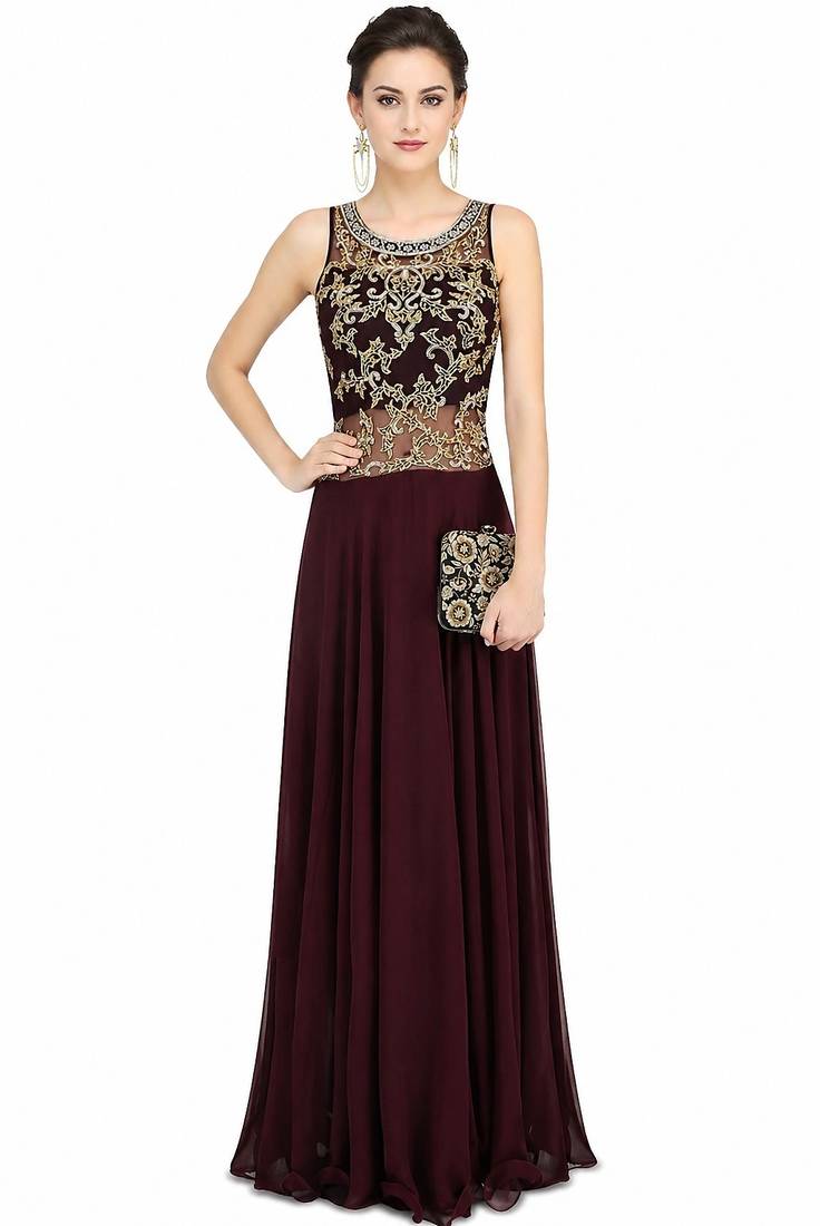 Wine georgette sleevless embroidered gown