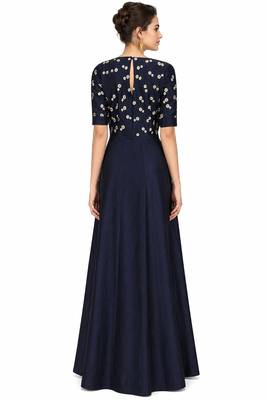 Navy blue silk half sleeve embroidered gown 2