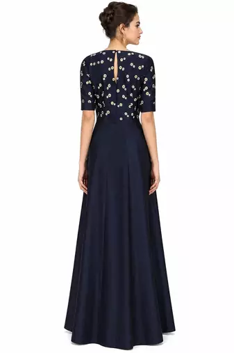 Navy blue silk half sleeve embroidered gown