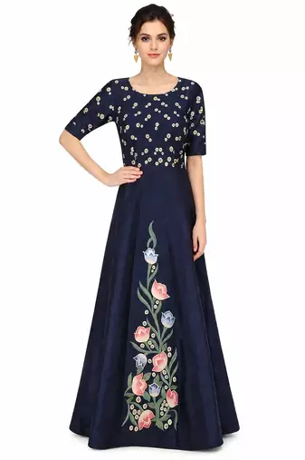 Navy blue silk half sleeve embroidered gown