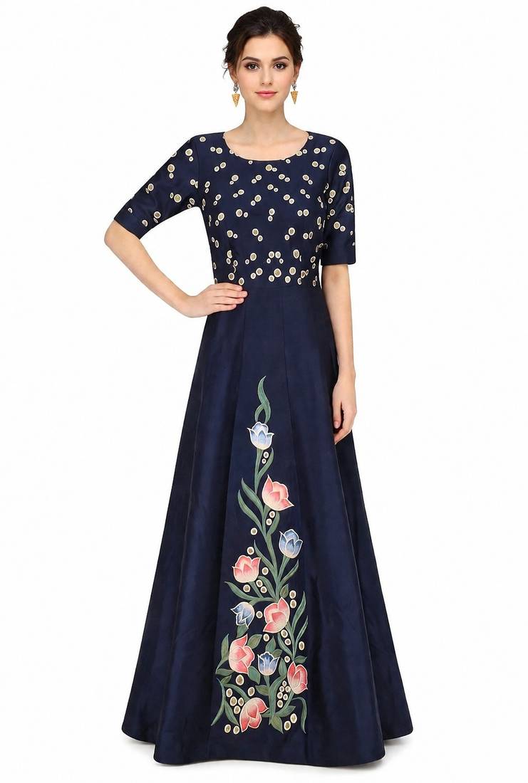 Navy blue silk half sleeve embroidered gown