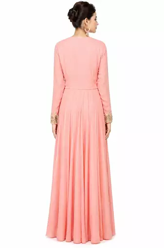 Pink georgette full sleeve embroidered gown