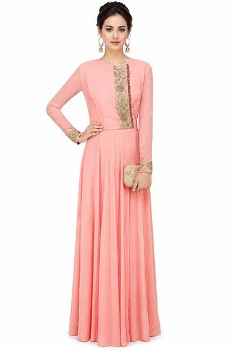 Pink georgette full sleeve embroidered gown