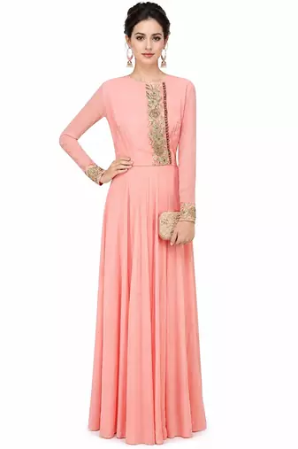 Pink georgette full sleeve embroidered gown