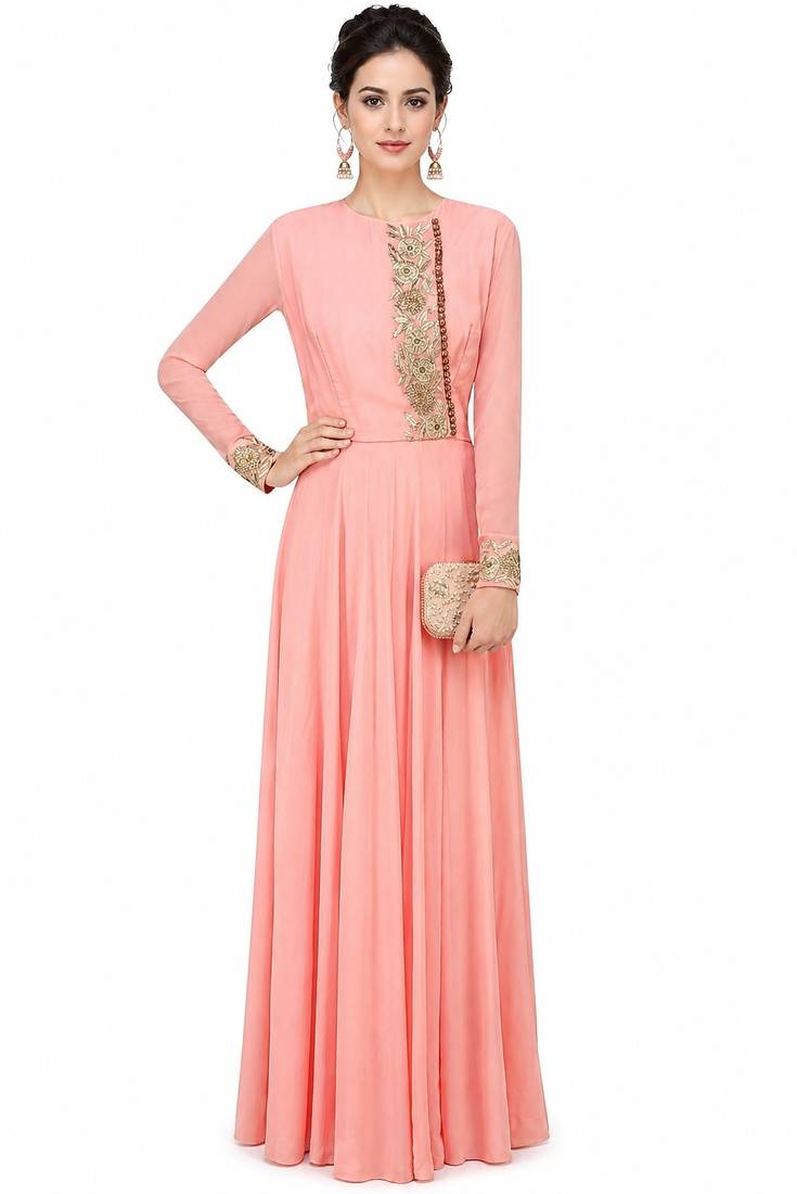 Pink georgette full sleeve embroidered gown