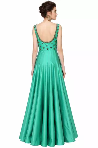 Sea green silk sleevless embroidered gown
