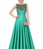 Sea green silk sleevless embroidered gown