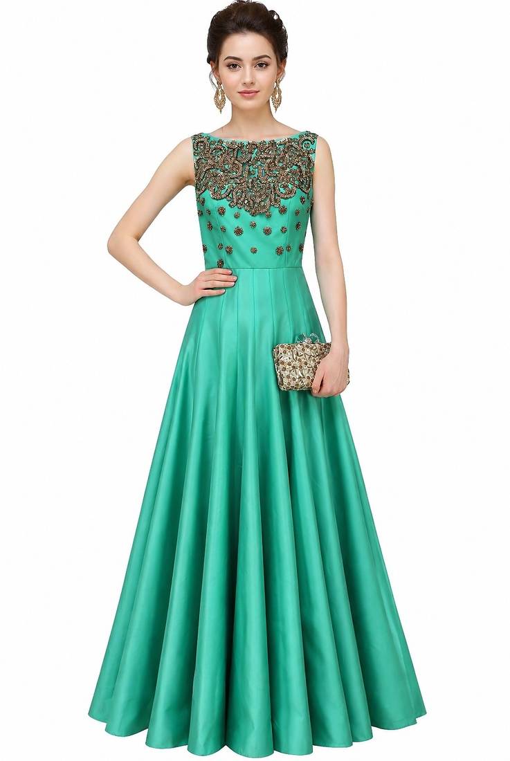 Sea green silk sleevless embroidered gown