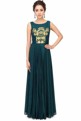 Dark green georgette sleevless embroidered gown 1