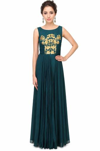 Dark green georgette sleevless embroidered gown