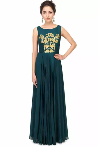 Dark green georgette sleevless embroidered gown