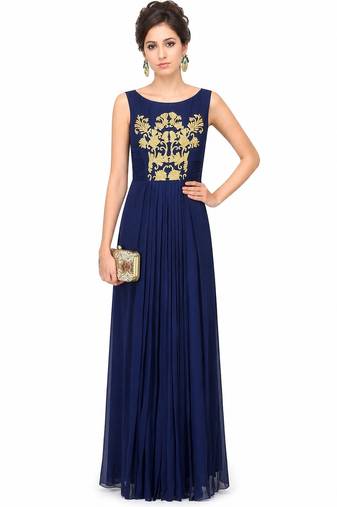 Navy blue georgette sleevless embroidered gown