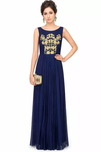 Navy blue georgette sleevless embroidered gown