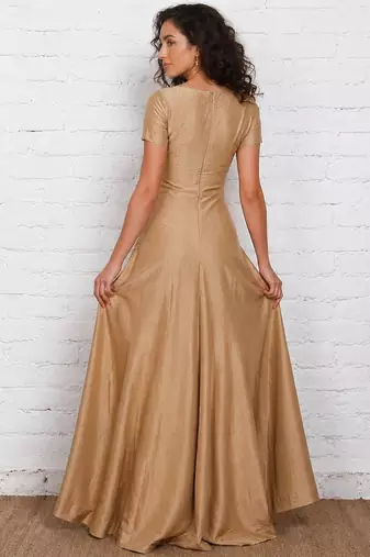 Golden  dupion silk short sleeve embroidered gown