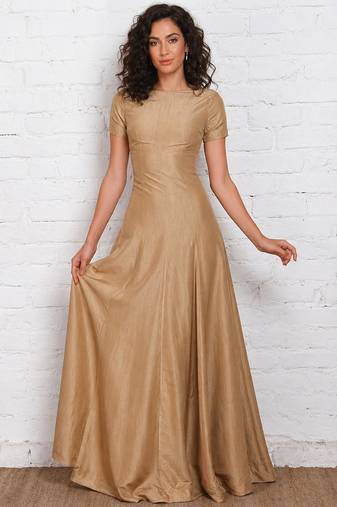 Golden  dupion silk short sleeve embroidered gown