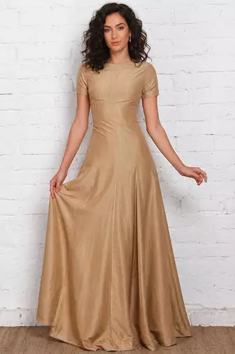 Golden  dupion silk short sleeve embroidered gown