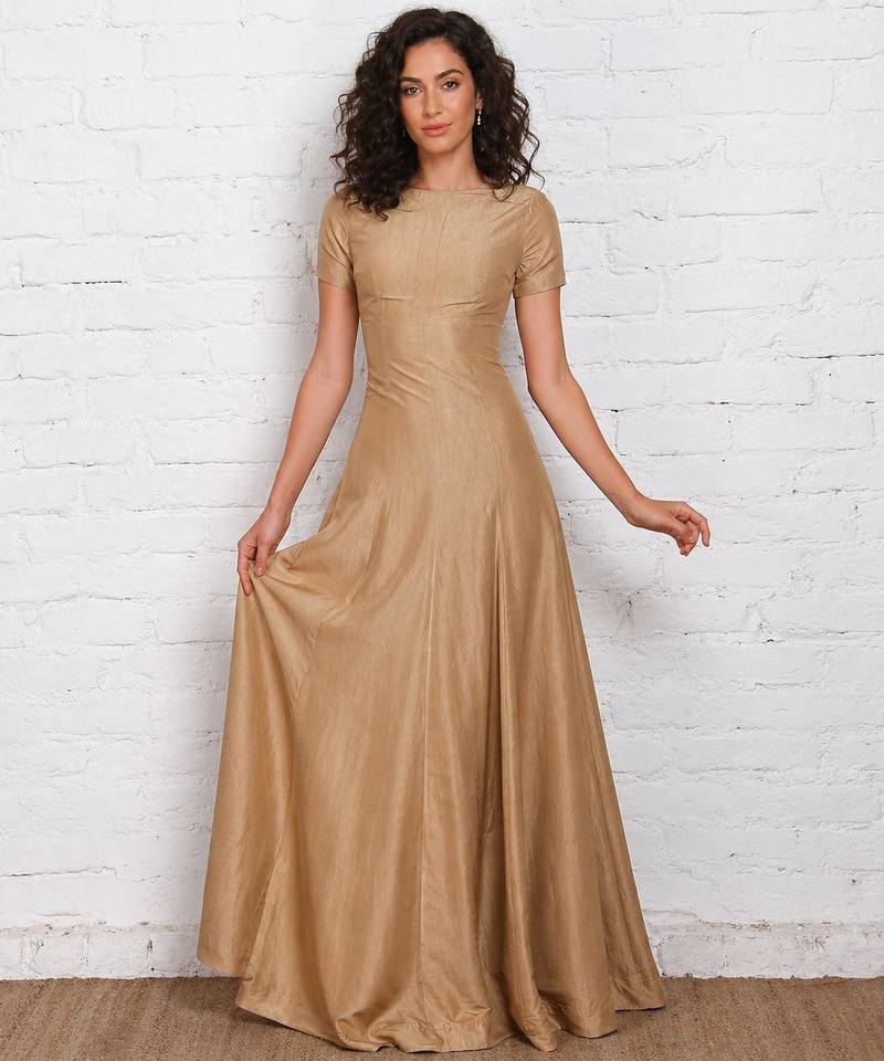 Golden  dupion silk short sleeve embroidered gown