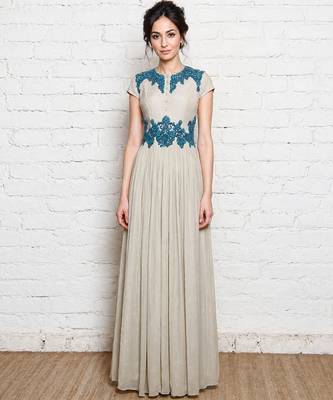 Antique white georgette cap sleeve embroidered gown 1