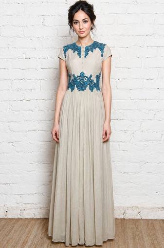 Antique white georgette cap sleeve embroidered gown