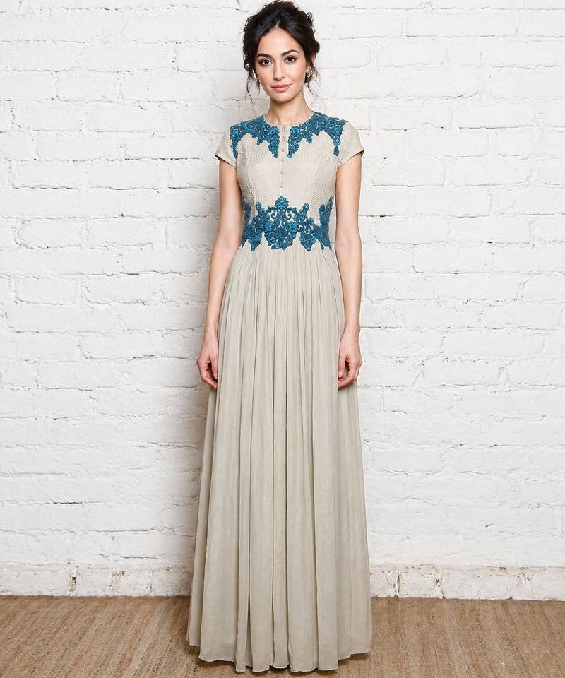 Antique white georgette cap sleeve embroidered gown
