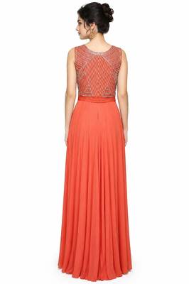 Orange georgette sleevless embroidered gown 2