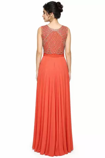 Orange georgette sleevless embroidered gown