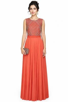 Orange georgette sleevless embroidered gown 1