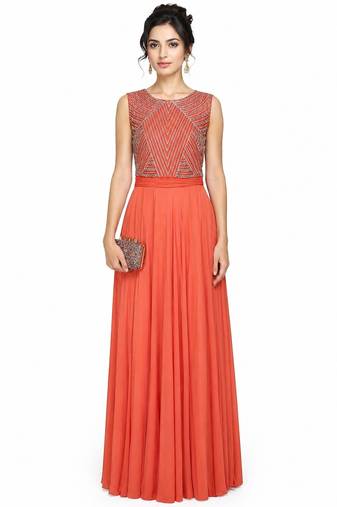 Orange georgette sleevless embroidered gown
