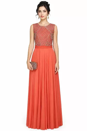 Orange georgette sleevless embroidered gown