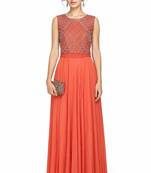 Orange georgette sleevless embroidered gown