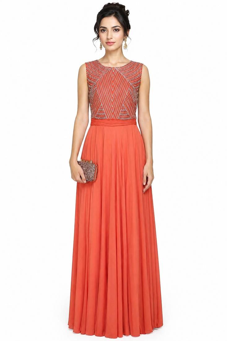 Orange georgette sleevless embroidered gown
