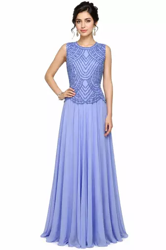 Light blue georgette sleevless embroidered gown