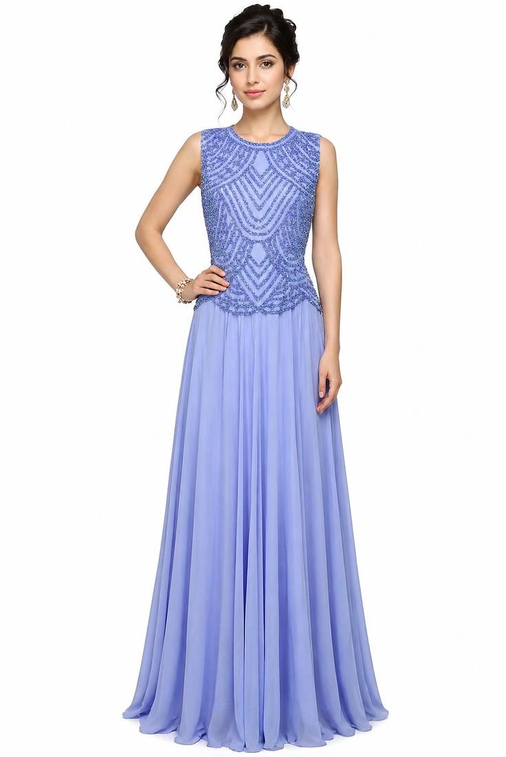 Light blue georgette sleevless embroidered gown