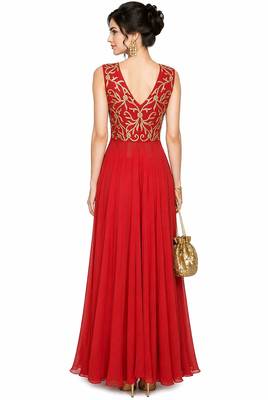 Red georgette sleevless embroidered gown 2