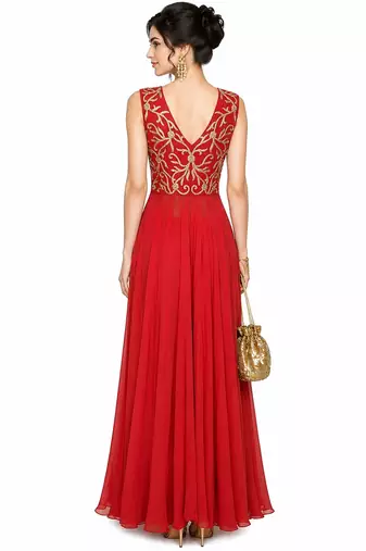 Red georgette sleevless embroidered gown