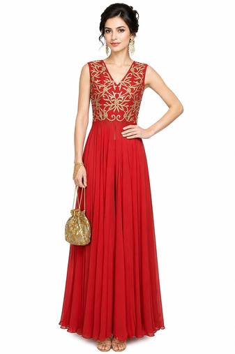 Red georgette sleevless embroidered gown